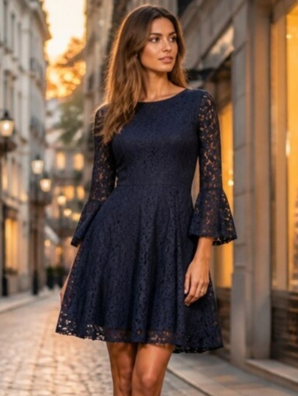 Rabbit Rabbit Rabbit Navy Lace Bell-Sleeve Mini Dress